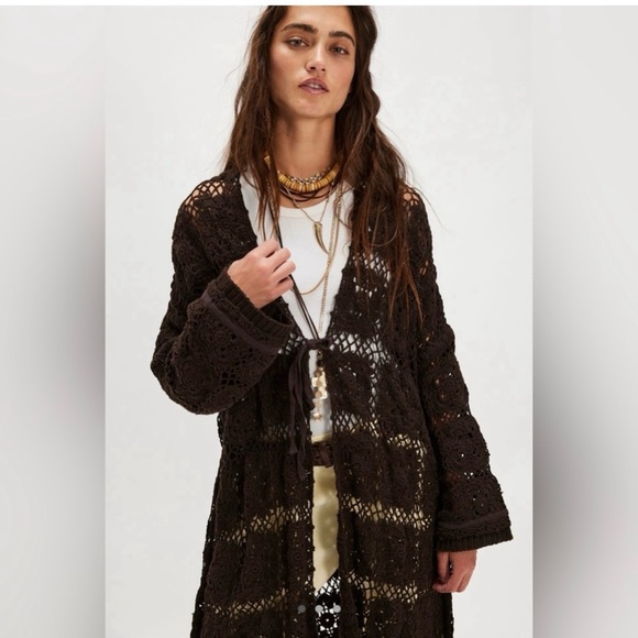 NWT Free people brown crochet duster cardigan XS/s - Picture 2 of 7